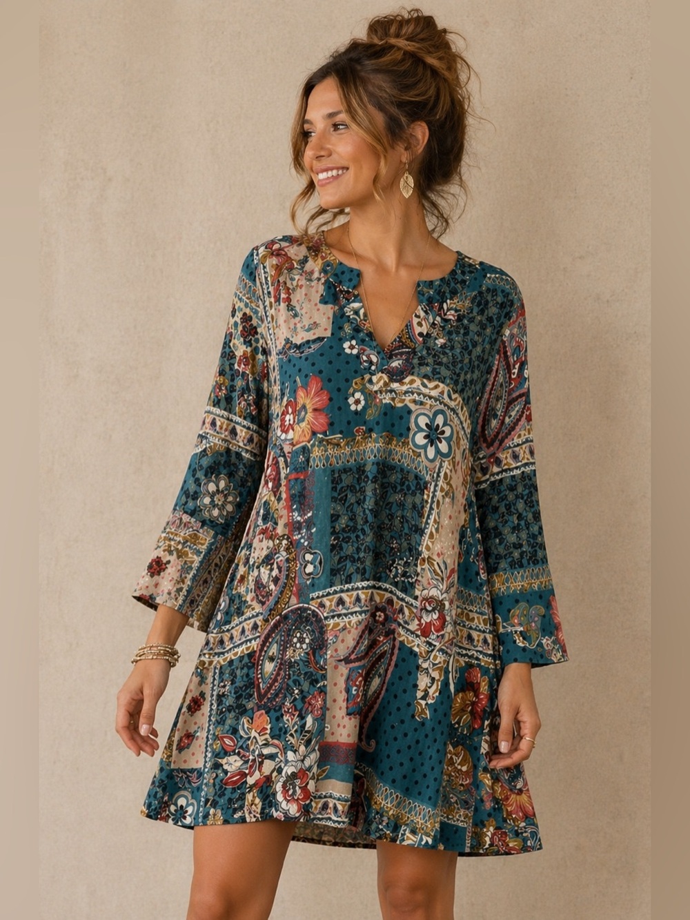 🌀🌸 Lildy Boho Patchwork Tunic Dress – L/XL ✨💙
